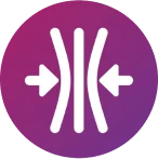 Ein Icon aus einem violetten Kreis mit flachen, senkrechten Linien und nach innen zeigenden Pfeilen auf beiden Seiten stellt die geringe Quellung von ConvaMax™ Superabsorber dar.