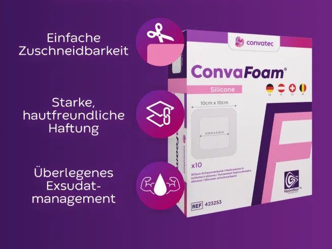Abbildung der Vorderseite der ConvaFoam Silicone DACH Verpackung sowie Icons, die die Vorteile des Produktes herausstellen
